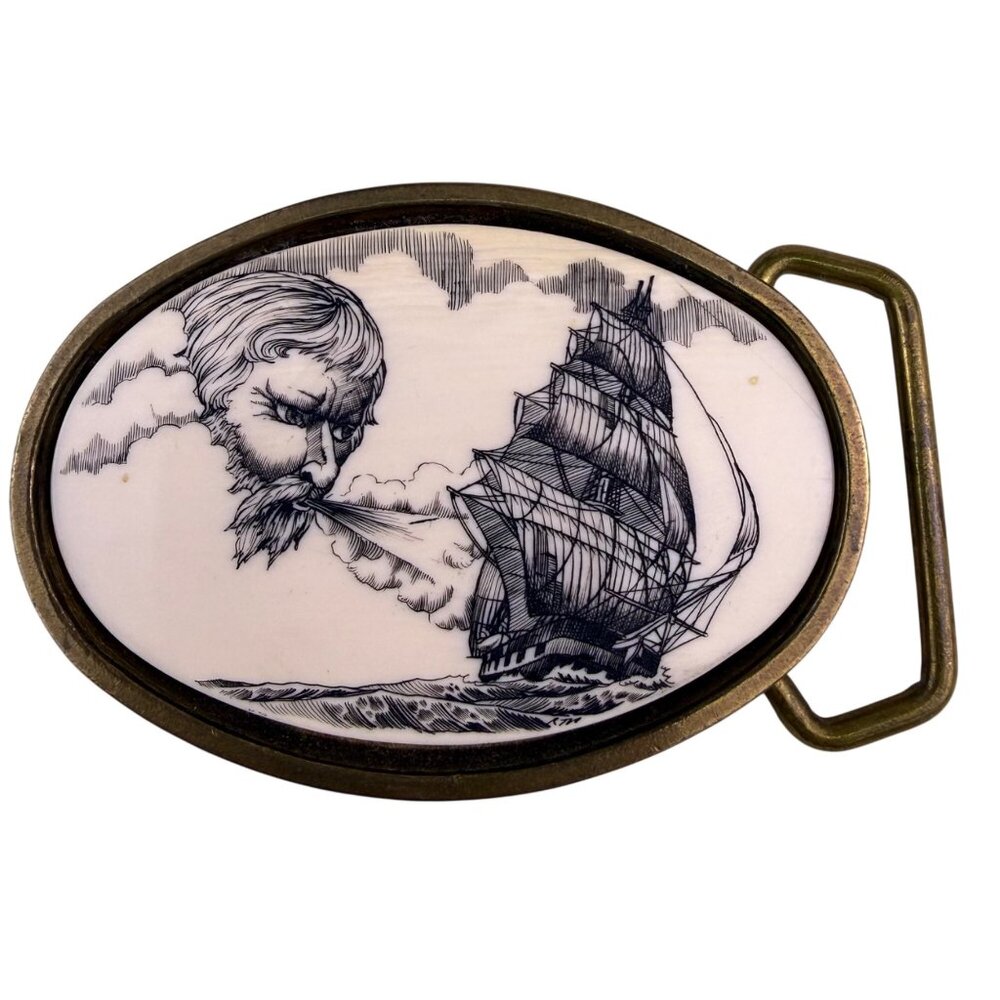 BTS Solid Brass Unisex Oval Belt Buckle Sailing Ship & Wind Motif 1978 USA Made